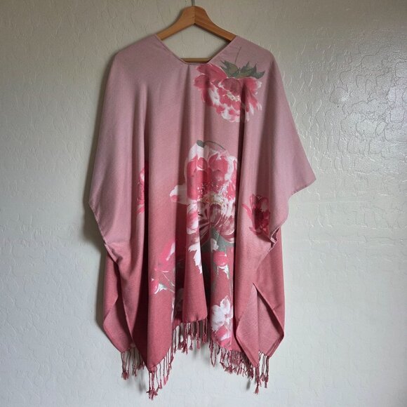 Chico's Floral Fringe Ruana Kimono Wrap Ombre Pink Women's One Size Open Front - Picture 5 of 10